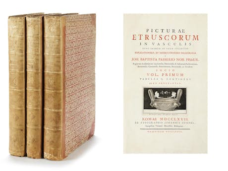 PASSERI, Giovanni Battista. Picturae Etruscorum in vasculis nunc primum in unum collectae, explicationibus, et dissertaionibus inlustrate.